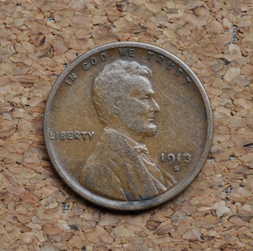 1913-S Wheat Penny - Vg - F (Very Good To Fine) - 1913 S Wheat Ear Cent - San Francisco Mint - Wheat Ear Cent 1913 S - Semi-Key Date