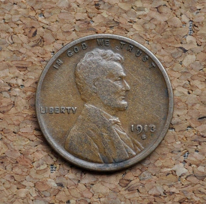 1913-S Wheat Penny - Vg - F (Very Good To Fine) - 1913 S Wheat Ear Cent - San Francisco Mint - Wheat Ear Cent 1913 S - Semi-Key Date