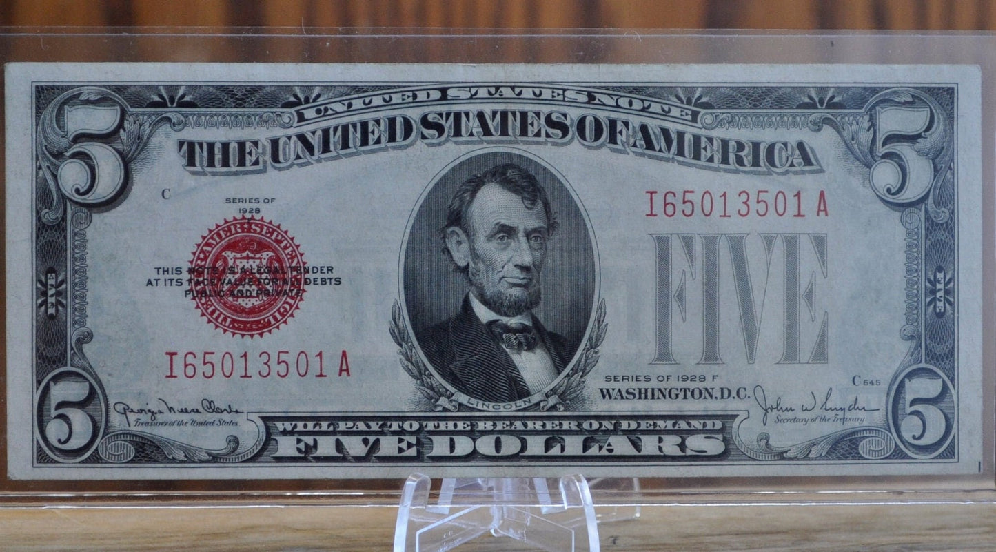 1928 5 Dollar US Note Red Seal - F-BU (Fine to Uncirculated) - Choose by Grade - 1928F Five Dollar US Note Red Seal 1928E Fr#1525-Fr1531