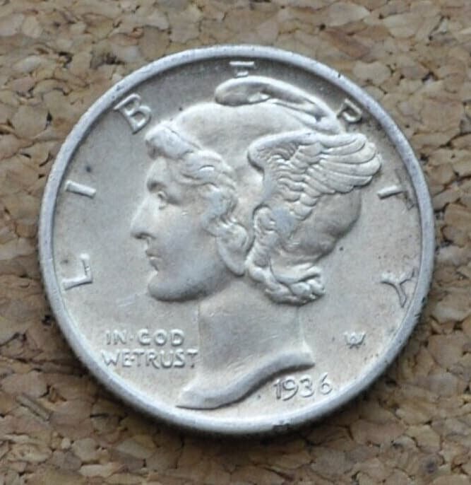 1936 Mercury Silver Dime - AU (About Uncirculated) - Philadelphia Mint - 1936P Liberty Head Dime - 1936-P