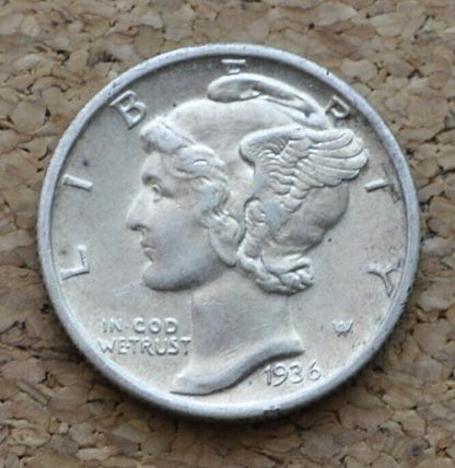 1936 Mercury Silver Dime - AU (About Uncirculated) - Philadelphia Mint - 1936P Liberty Head Dime - 1936-P