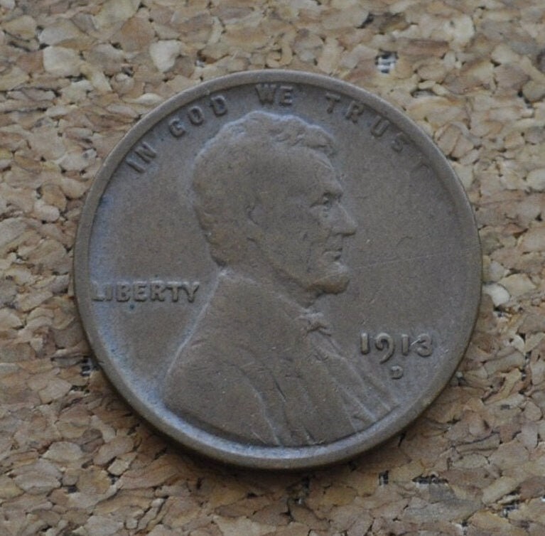 1913-D Wheat Penny - F (Fine) Grade / Condition - Early Date - 1913D Wheat Cent - Denver Mint - Wheat Ear Cent 1913 D - WW1 Era Coin