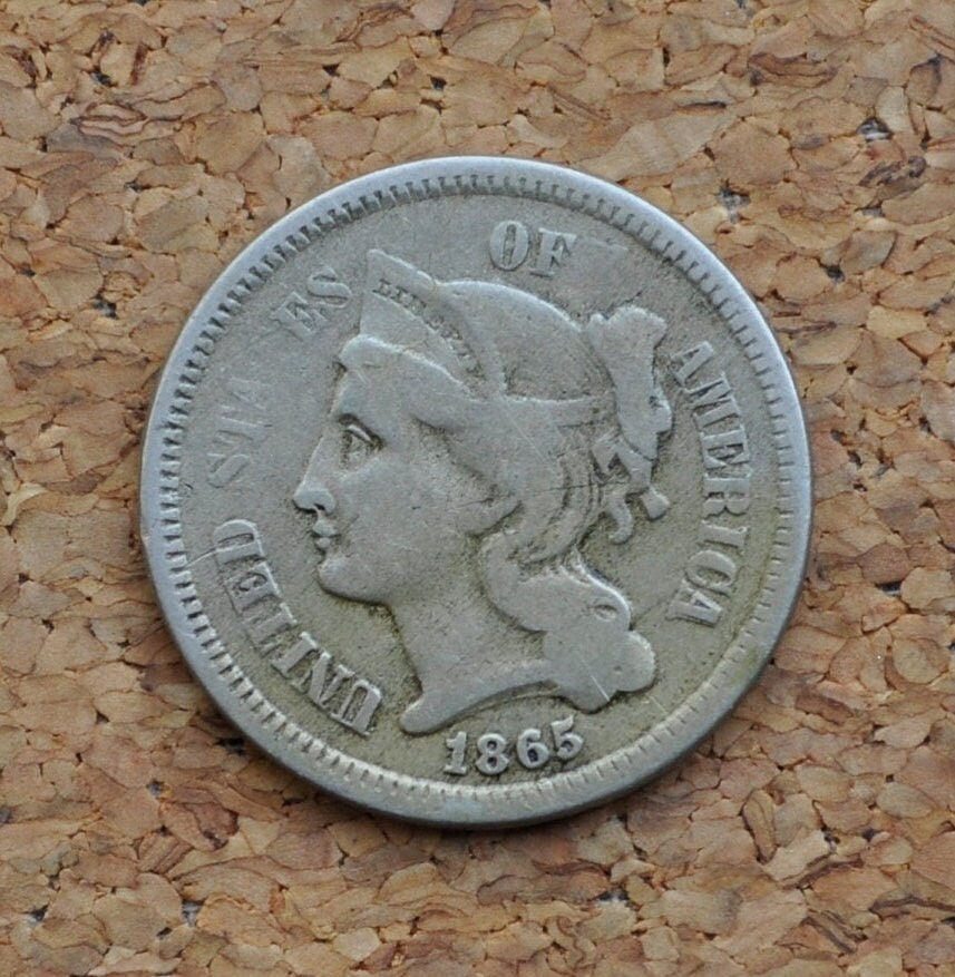 1865 Three Cent Nickel - VG-XF (Very Good to Extremely Fine) Choose by Grade- Civil War Era Three-Cent 1865 3 Cent Coin - Nickel Composition