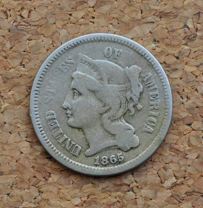 1865 Three Cent Nickel - VG-XF (Very Good to Extremely Fine) Choose by Grade- Civil War Era Three-Cent 1865 3 Cent Coin - Nickel Composition
