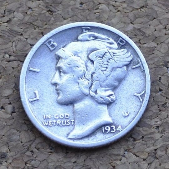 1934 Mercury Dime - F to VF (Fine to Very Fine) Condition - Philadelphia Mint - 1934-P Mercury Dime - Winged Liberty Head Silver Dime 1934