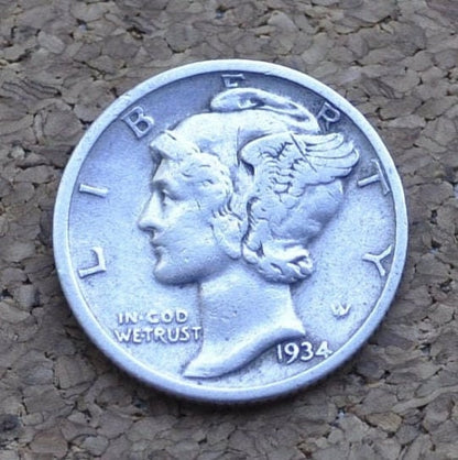 1934 Mercury Dime - F to VF (Fine to Very Fine) Condition - Philadelphia Mint - 1934-P Mercury Dime - Winged Liberty Head Silver Dime 1934