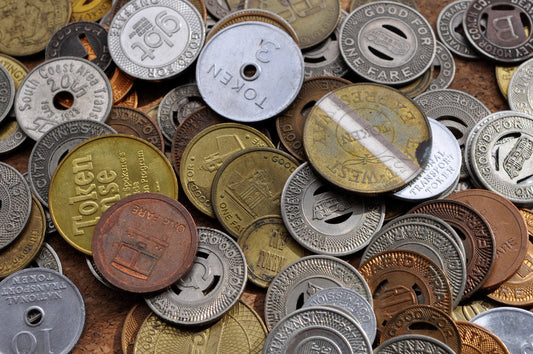 Lot of Vintage Transit Tokens - Old Bus Tokens, Train Tokens, T Tokens, Bridge Tokens Assorted States and Companies, lot of 10, 20, 30