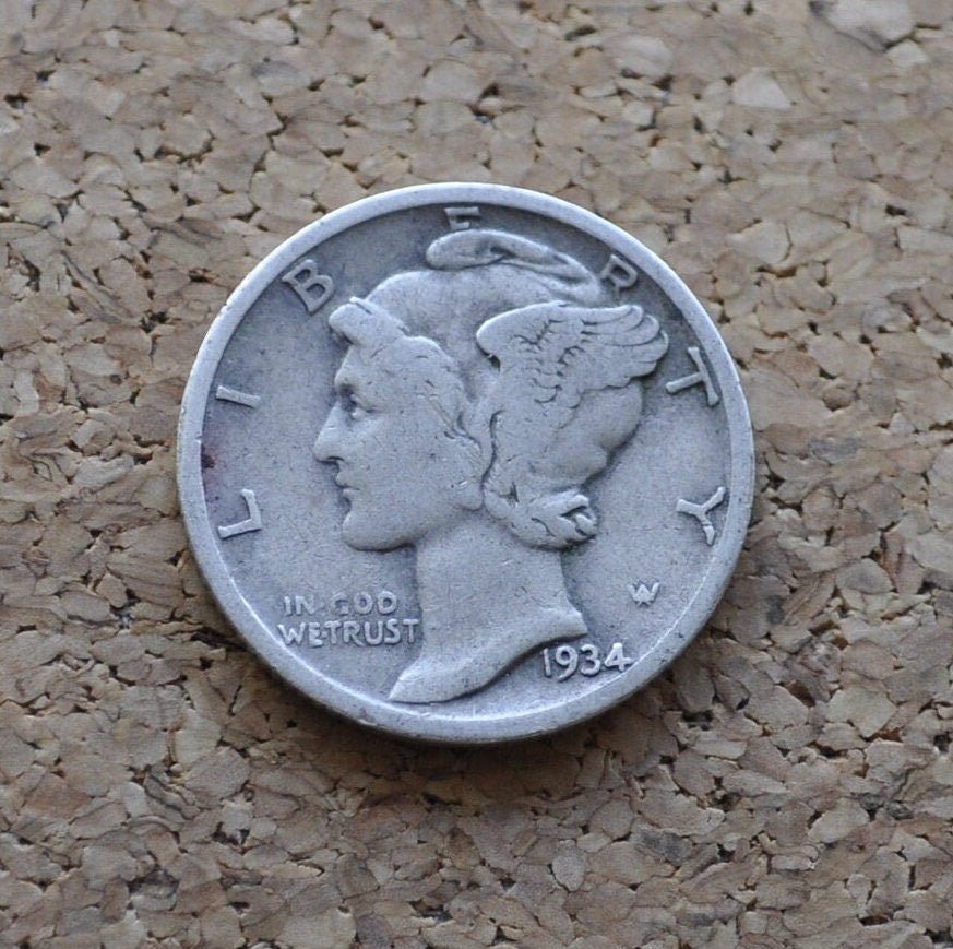 1934-D Mercury Dime - F to VF (Fine to Very Fine) - Denver Mint - Winged Liberty Head Dime 1934D - Silver Dime 1934 D