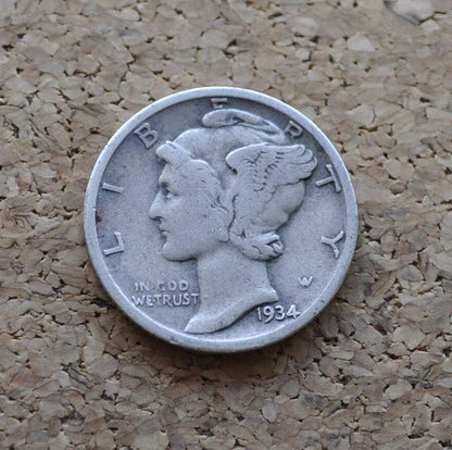 1934-D Mercury Dime - F to VF (Fine to Very Fine) - Denver Mint - Winged Liberty Head Dime 1934D - Silver Dime 1934 D