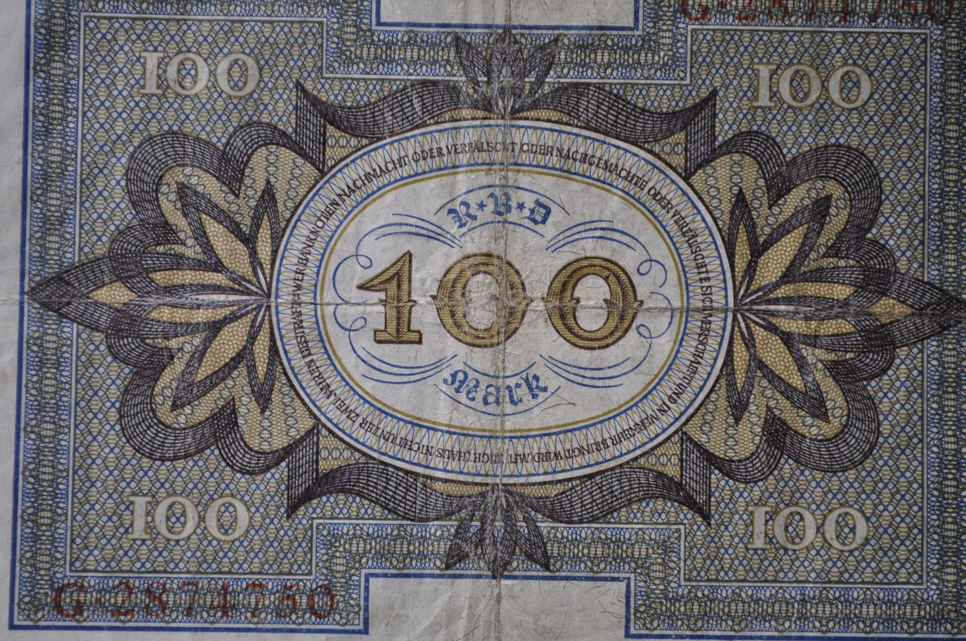 1920 100 Mark German Paper Note - Reichsbanknote - Excellent Condition - WWI era note