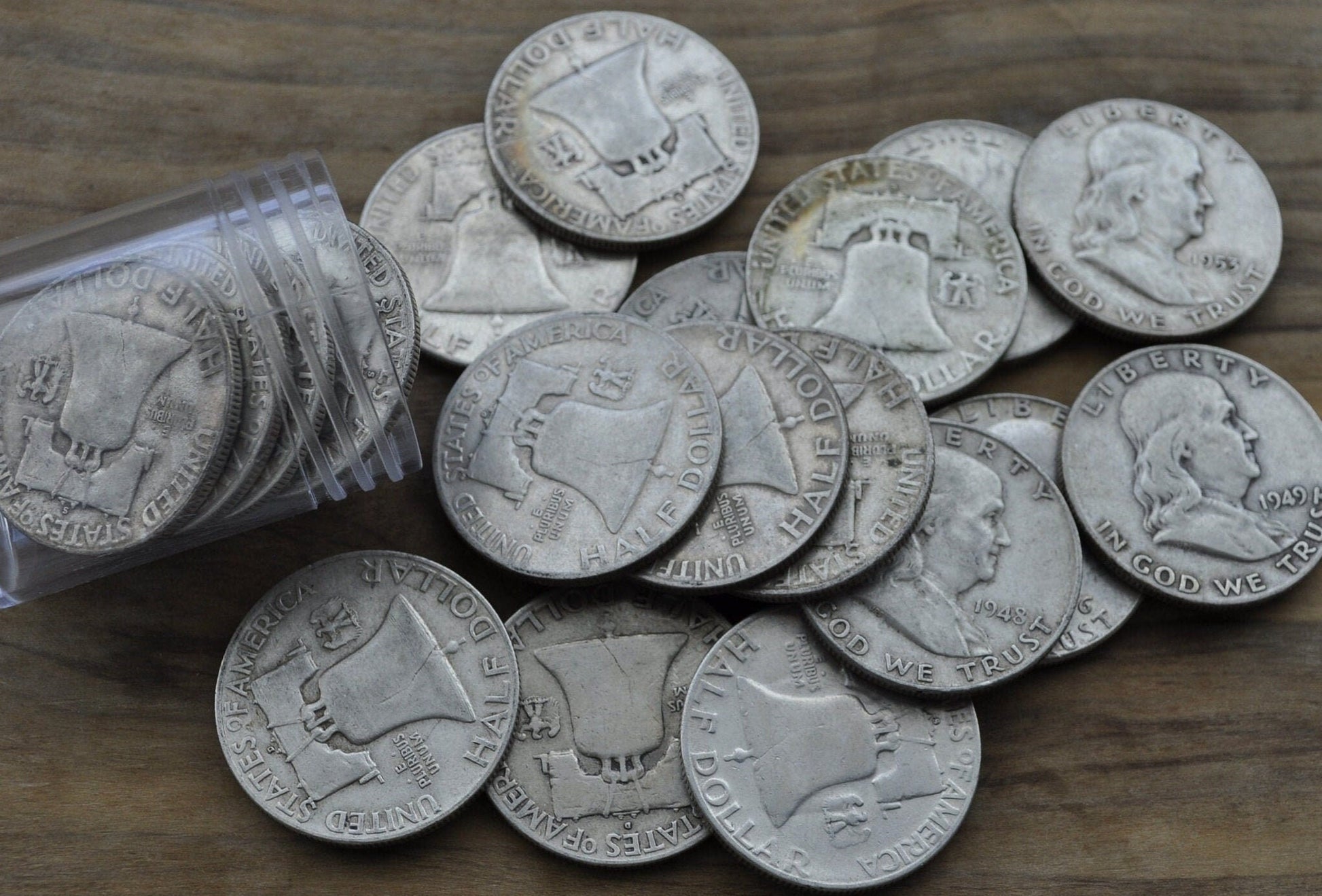 Full Roll of Franklin Half Dollars - Mixed Grades - 20 Silver Half Dollars - 1940s, 1950's, 1960's Ben Franklin Silver Half Dollar