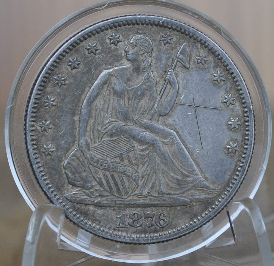 1876 Seated Liberty Half Dollar - AU Details, scratched, toned, mint luster visible - 1876 Liberty Seated Silver Half Dollar - Authentic
