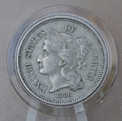 1868 Three Cent "Nickel" US Coin - XF (Extremely Fine) Grade / Condition - Civil War Era Coin - 3 Cent Coin 1868 - 3 Cent US Coin