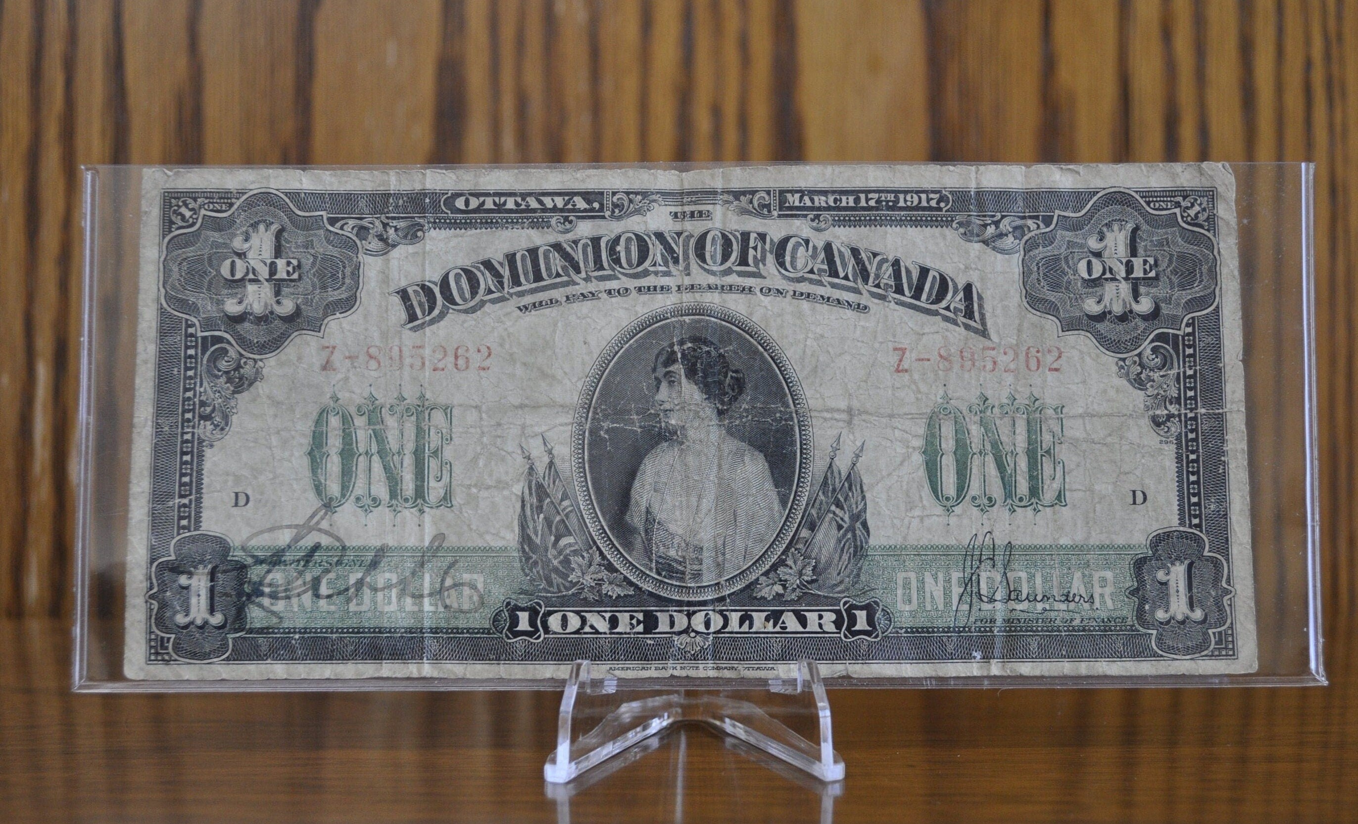 1917 Dominion of Canada One Dollar - No Seal, Z Prefix, Rarer Type