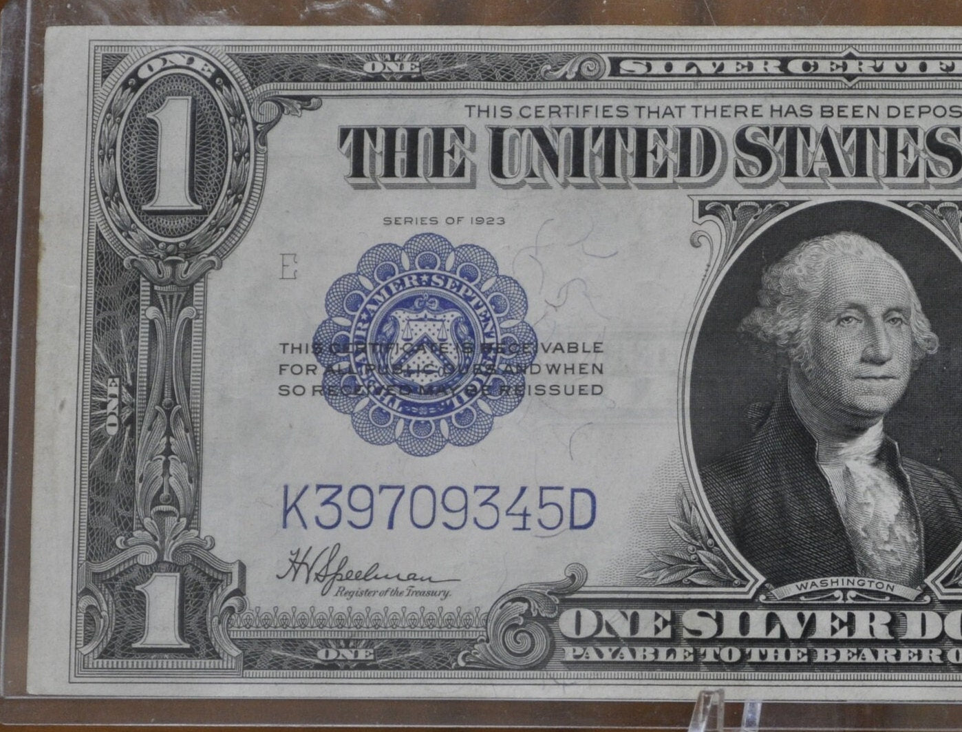 1923 Silver Certificate Horseblanket Note 1 Dollar Bill - AU (About Uncirculated) - Crisp, Clean, Blue Seal - 1923 Silver Cert - Fr.237