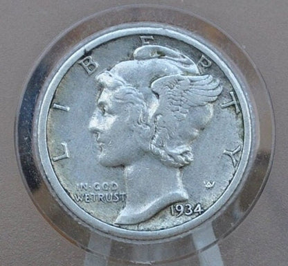 1934 Mercury Dime - F to VF (Fine to Very Fine) Condition - Philadelphia Mint - 1934-P Mercury Dime - Winged Liberty Head Silver Dime 1934