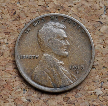 1913-S Wheat Penny - Vg - F (Very Good To Fine) - 1913 S Wheat Ear Cent - San Francisco Mint - Wheat Ear Cent 1913 S - Semi-Key Date