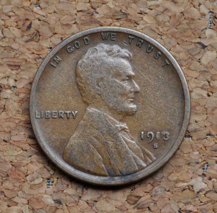1913-S Wheat Penny - Vg - F (Very Good To Fine) - 1913 S Wheat Ear Cent - San Francisco Mint - Wheat Ear Cent 1913 S - Semi-Key Date