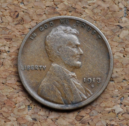 1913-S Wheat Penny - Vg - F (Very Good To Fine) - 1913 S Wheat Ear Cent - San Francisco Mint - Wheat Ear Cent 1913 S - Semi-Key Date