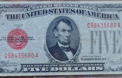 1928 5 Dollar US Note Red Seal - F-BU (Fine to Uncirculated) - Choose by Grade - 1928F Five Dollar US Note Red Seal 1928E Fr#1525-Fr1531