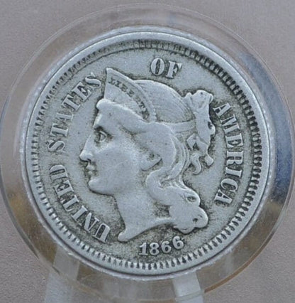 1866 Three Cent "Nickel" Us Coin - Civil War Era - Great Condition - Vg To F (Very Good To Fine) Us 3 Cent Coins