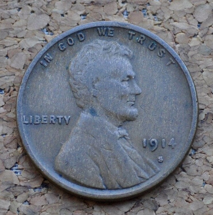 1914-S Wheat Penny - Better Date - F (Fine) Condition - 1914S Wheat Ear Cent - World War I Era Coin - 1914 S Lincoln Cent Wheat Back 1914 S