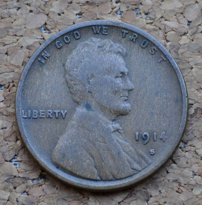 1914-S Wheat Penny - Better Date - F (Fine) Condition - 1914S Wheat Ear Cent - World War I Era Coin - 1914 S Lincoln Cent Wheat Back 1914 S