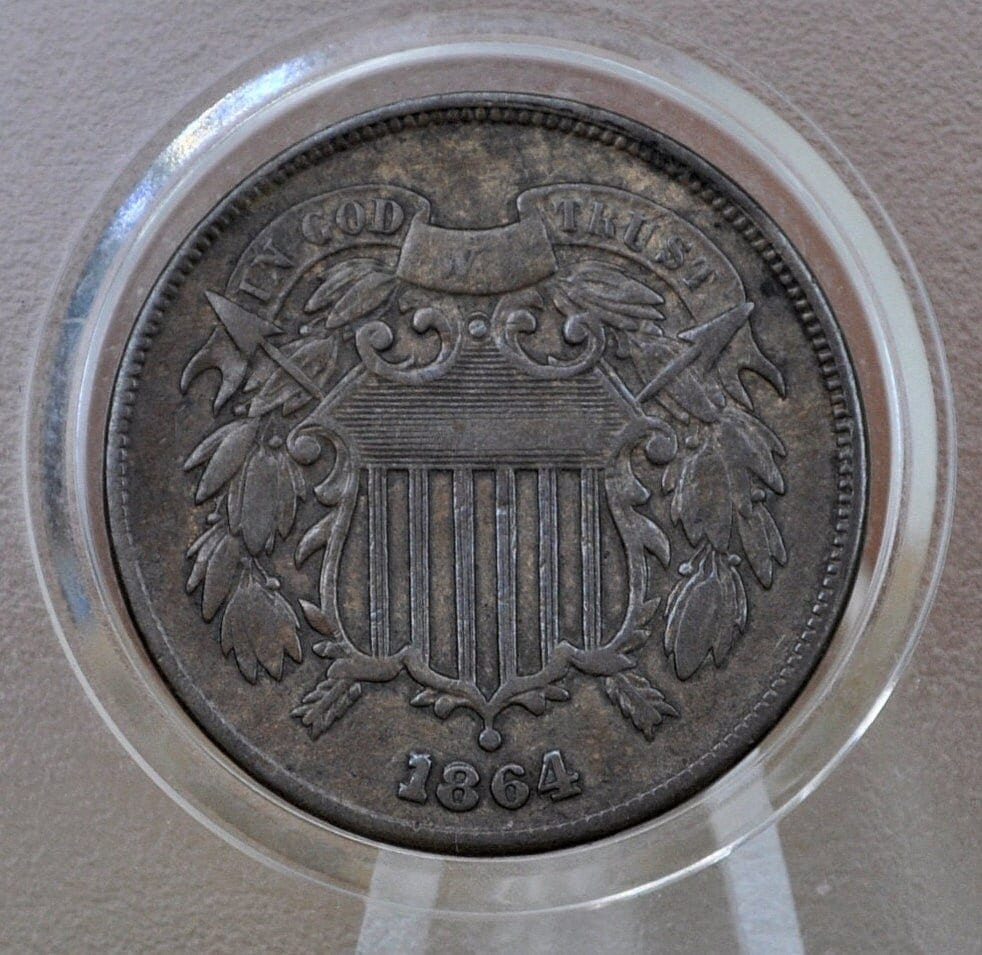 1864 Two Cent US Coin - G-XF (Good to Extremely Fine) Grade / Condition - Civil War Era Coin - 1864 US 2 Cent Coin 1864 Large Motto