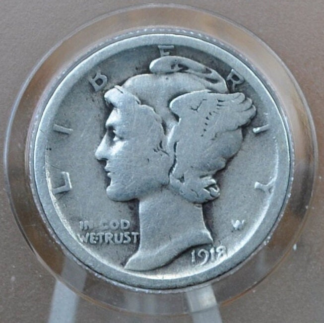 1918-D Mercury Dime - AG-F (About Good to Fine) Grade -Denver Mint- 1918 D Silver Dime - 1918 D Winged Liberty Head Dime - Silver Dime