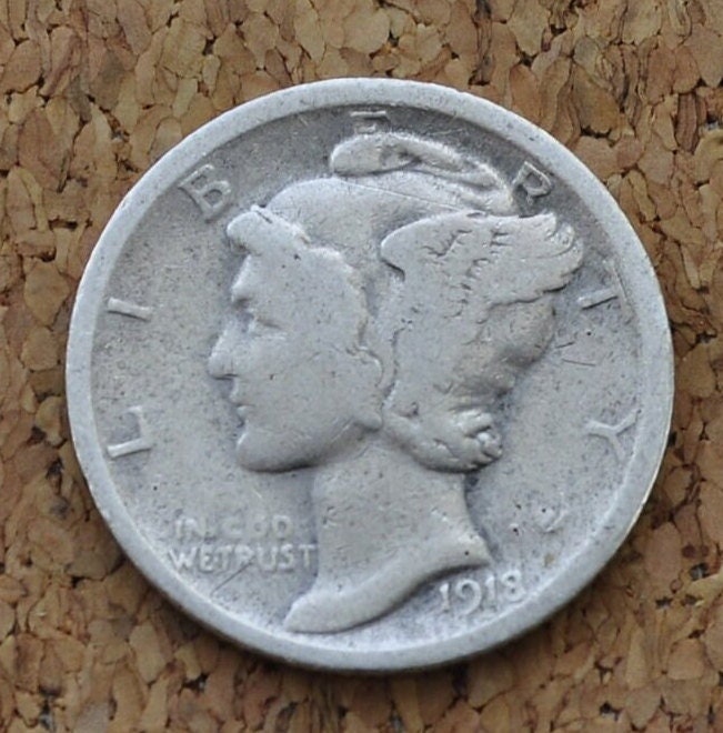 1918-D Mercury Dime - AG-F (About Good to Fine) Grade -Denver Mint- 1918 D Silver Dime - 1918 D Winged Liberty Head Dime - Silver Dime