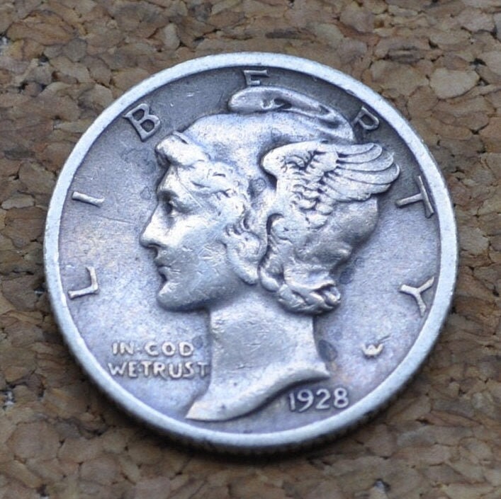 1928 Mercury Silver Dime - F-VF (Fine to Very Fine) Grade - Philadelphia Mint - 1928-P Mercury Head Dime / 1928P Winged Liberty Head Dime
