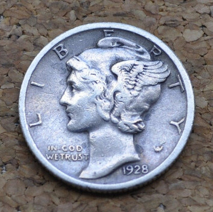 1928 Mercury Silver Dime - F-VF (Fine to Very Fine) Grade - Philadelphia Mint - 1928-P Mercury Head Dime / 1928P Winged Liberty Head Dime
