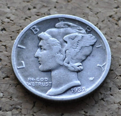 1938-D Mercury Dime - VF (Very Fine) Grade / Condition - Denver Mint - Silver Dime - 1938 D Winged Liberty Head