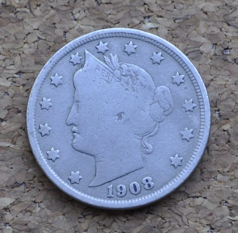 1908 Liberty Head Nickel - V Nickel - VG (Very Good) Grade / Condition - Liberty Nickel - 1908 V Nickel - 1908 Nickel