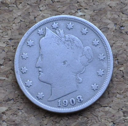 1908 Liberty Head Nickel - V Nickel - VG (Very Good) Grade / Condition - Liberty Nickel - 1908 V Nickel - 1908 Nickel