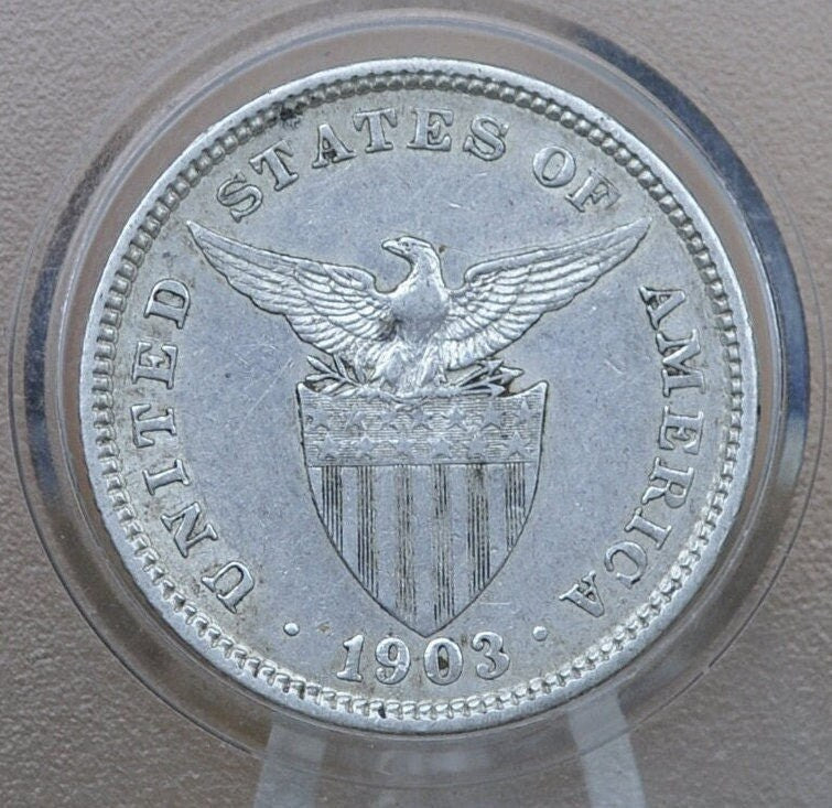 1903 Philippines 20 Centavos - AU (About Uncirculated) Condition - 1903 Silver Twenty Centavos Philippines, 90% Silver