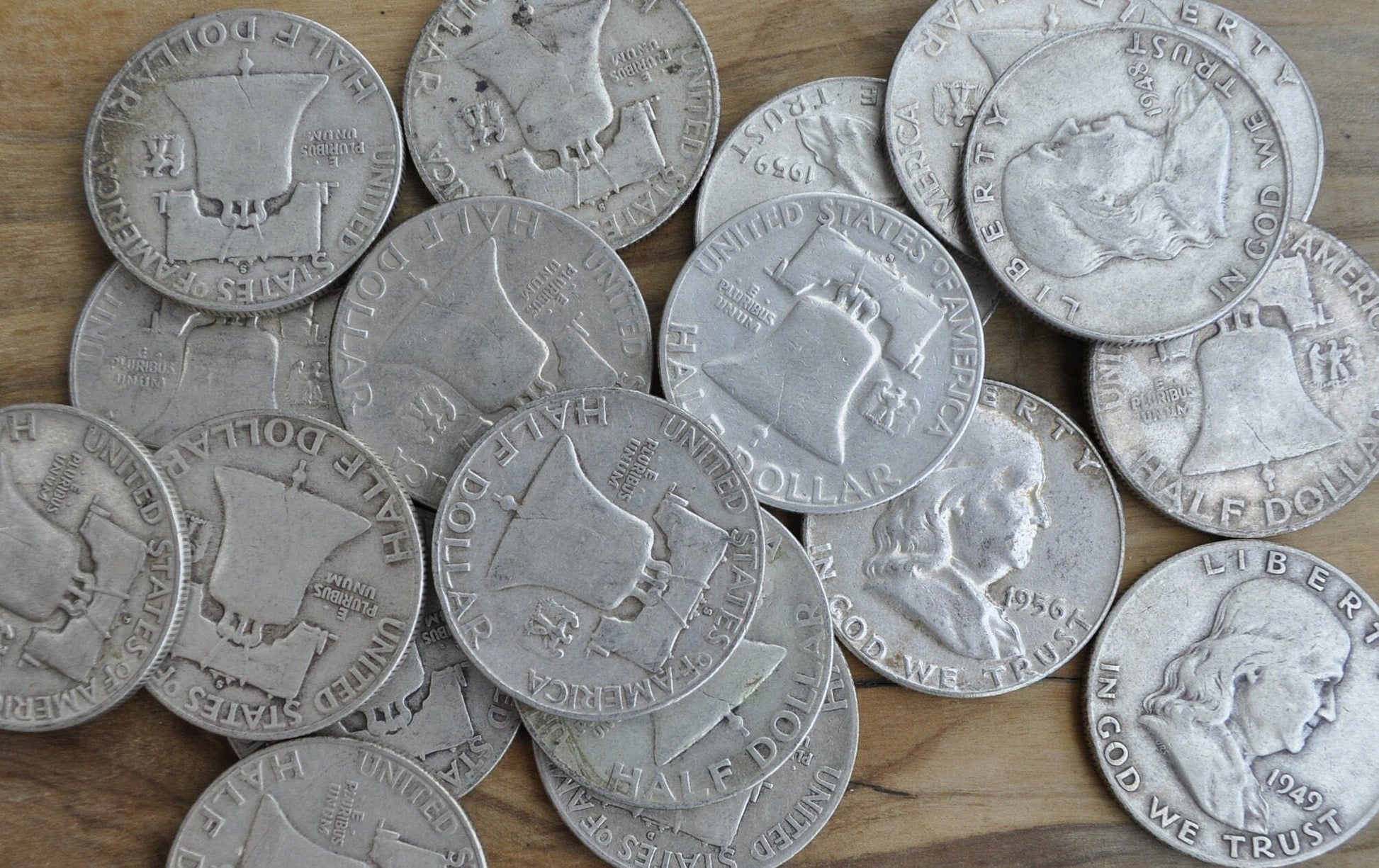 Full Roll of Franklin Half Dollars - Mixed Grades - 20 Silver Half Dollars - 1940s, 1950&#39;s, 1960&#39;s Ben Franklin Silver Half Dollar