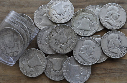 Full Roll of Franklin Half Dollars - Mixed Grades - 20 Silver Half Dollars - 1940s, 1950's, 1960's Ben Franklin Silver Half Dollar