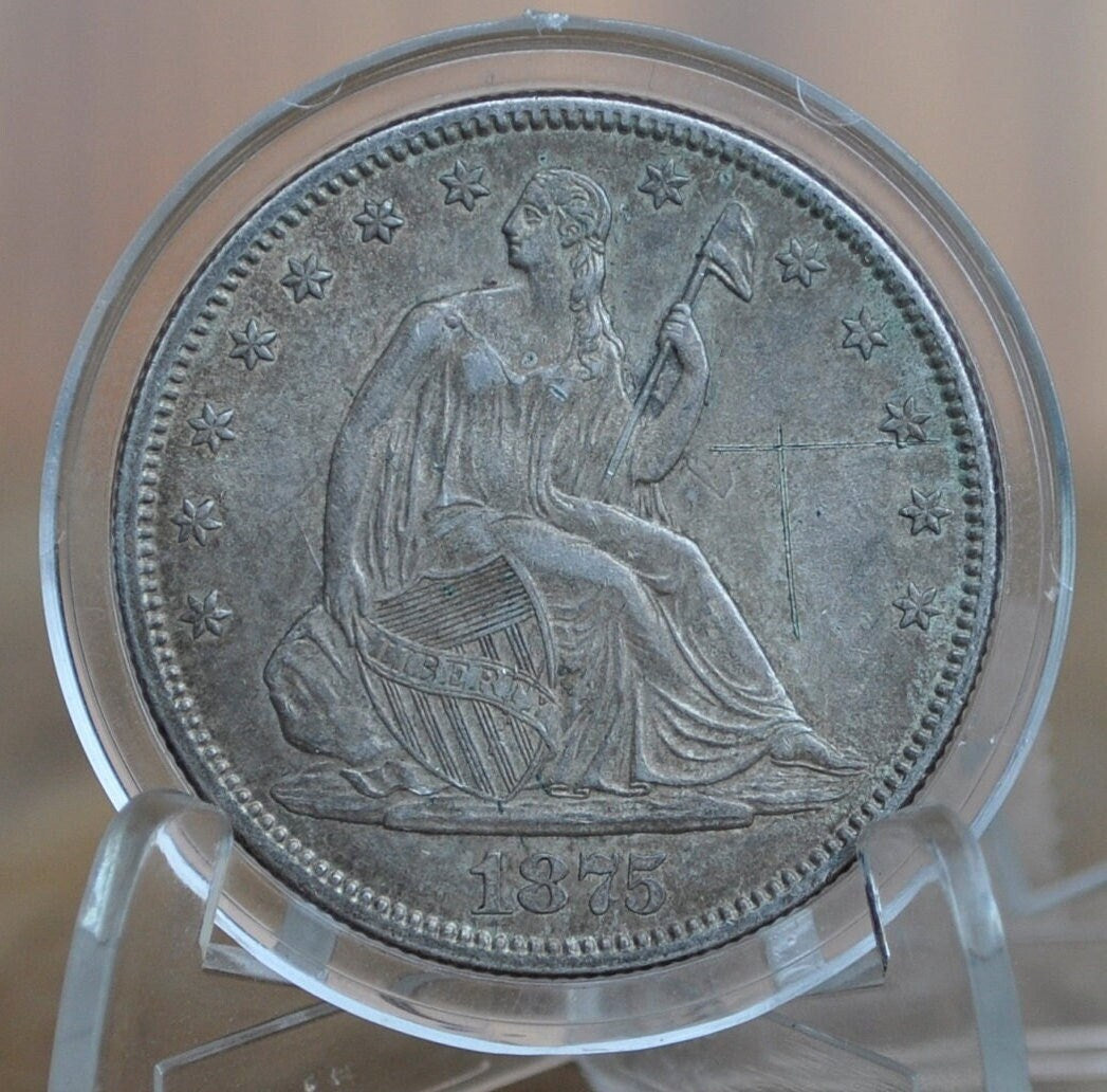 1875-S Seated Liberty Half Dollar - AU Details, scratched, toned, mint luster visible - 1875 S Liberty Seated Silver Half Dollar - Authentic