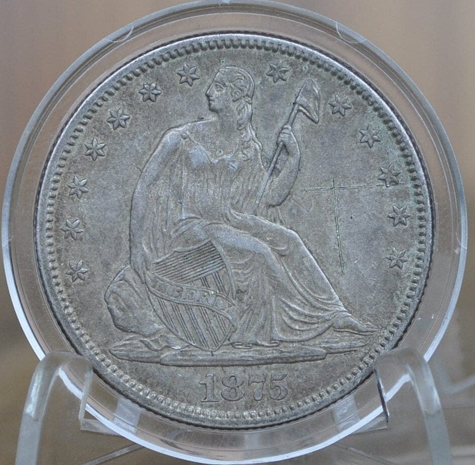 1875-S Seated Liberty Half Dollar - AU Details, scratched, toned, mint luster visible - 1875 S Liberty Seated Silver Half Dollar - Authentic