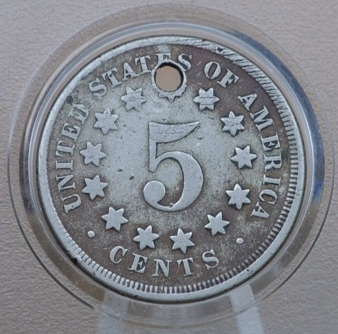 1867 Shield Nickel Without Rays - VG-F (Very Good to Fine) Details, Hole Drilled - 1867 US Nickel -Shield Type Nickel 1800's- Shield Nickels