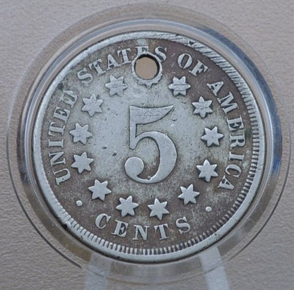 1867 Shield Nickel Without Rays - VG-F (Very Good to Fine) Details, Hole Drilled - 1867 US Nickel -Shield Type Nickel 1800's- Shield Nickels