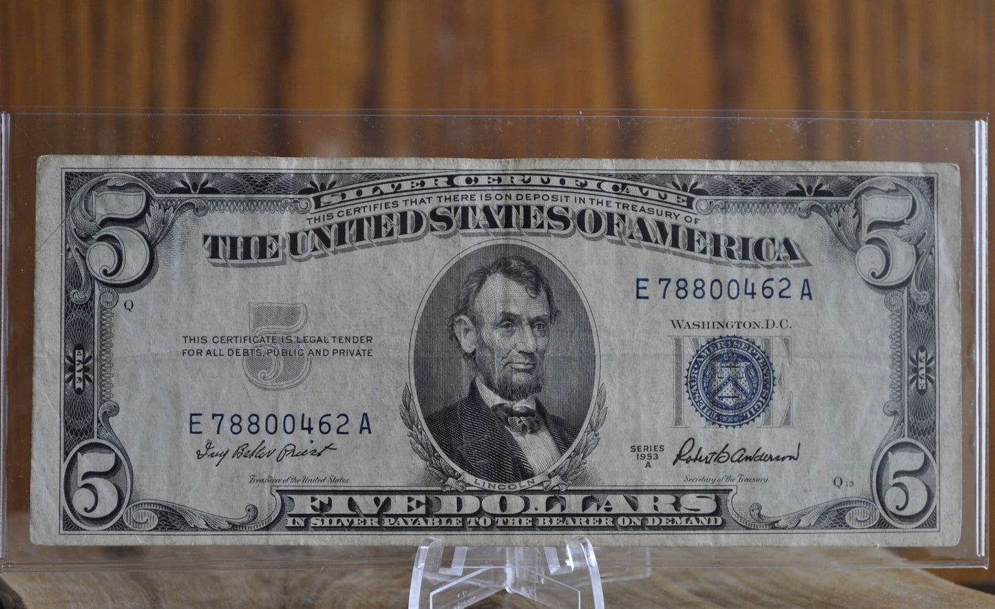 1953 Blue Seal 5 Dollar Bill / 1953 Five Dollar Silver Certificate - Good/Very Good toAU (About Uncirculated) - 1953 Silver Certificate