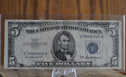1953 Blue Seal 5 Dollar Bill / 1953 Five Dollar Silver Certificate - Good/Very Good toAU (About Uncirculated) - 1953 Silver Certificate