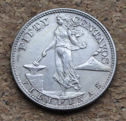 1944-S Silver Philippines 50 Centavos - XF (Extremely Fine) Condition - 1944 S Silver Fifty Centavos - Wartime - San Francisco Mint