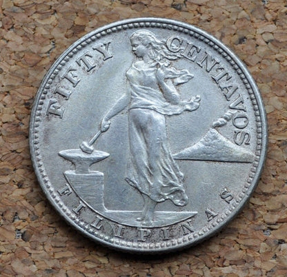 1944-S Silver Philippines 50 Centavos - XF (Extremely Fine) Condition - 1944 S Silver Fifty Centavos - Wartime - San Francisco Mint