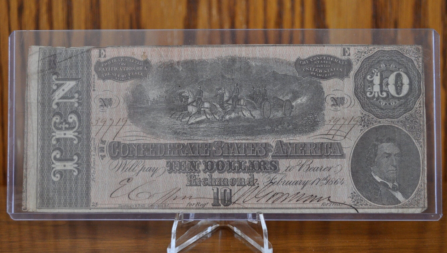1864 Confederate States of America Ten Dollar Bill - Civil War Issue Banknote - Confederate 10 Dollar Bill - Richmond VA, T-68 / CS-68