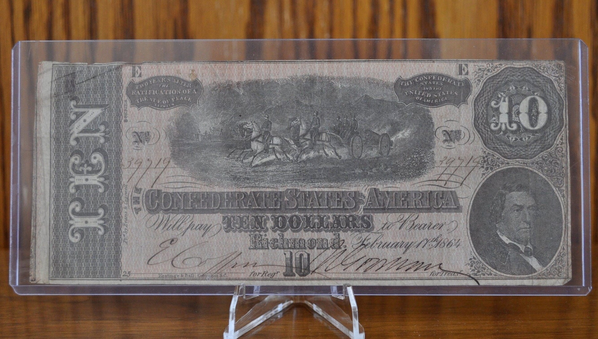 1864 Confederate States of America Ten Dollar Bill - Civil War Issue Banknote - Confederate 10 Dollar Bill - Richmond VA, T-68 / CS-68