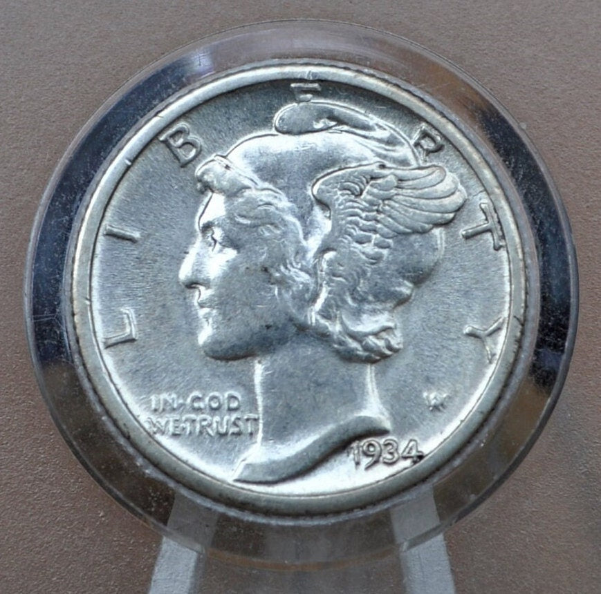 1934 Mercury Dime - F to VF (Fine to Very Fine) Condition - Philadelphia Mint - 1934-P Mercury Dime - Winged Liberty Head Silver Dime 1934
