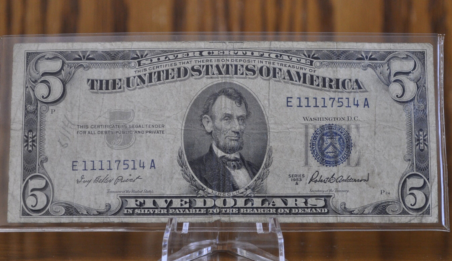 1953 Blue Seal 5 Dollar Bill / 1953 Five Dollar Silver Certificate - Choose by Grade / Condition - 1953 Silver Certificate